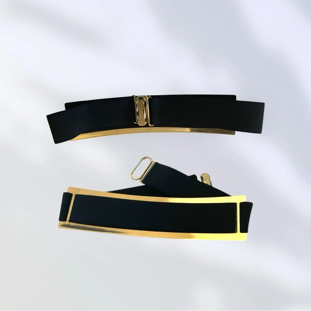 Black Stretch Gold Metal‎ Plated Belt Moto Mod Retro
